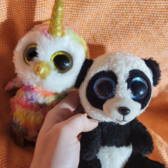 SET TY Unicorn Owl Enchanted 6 Inch Beanie Boo & Ty Reg Bamboo Panda-Bear Beanie - Picture 2 of 8